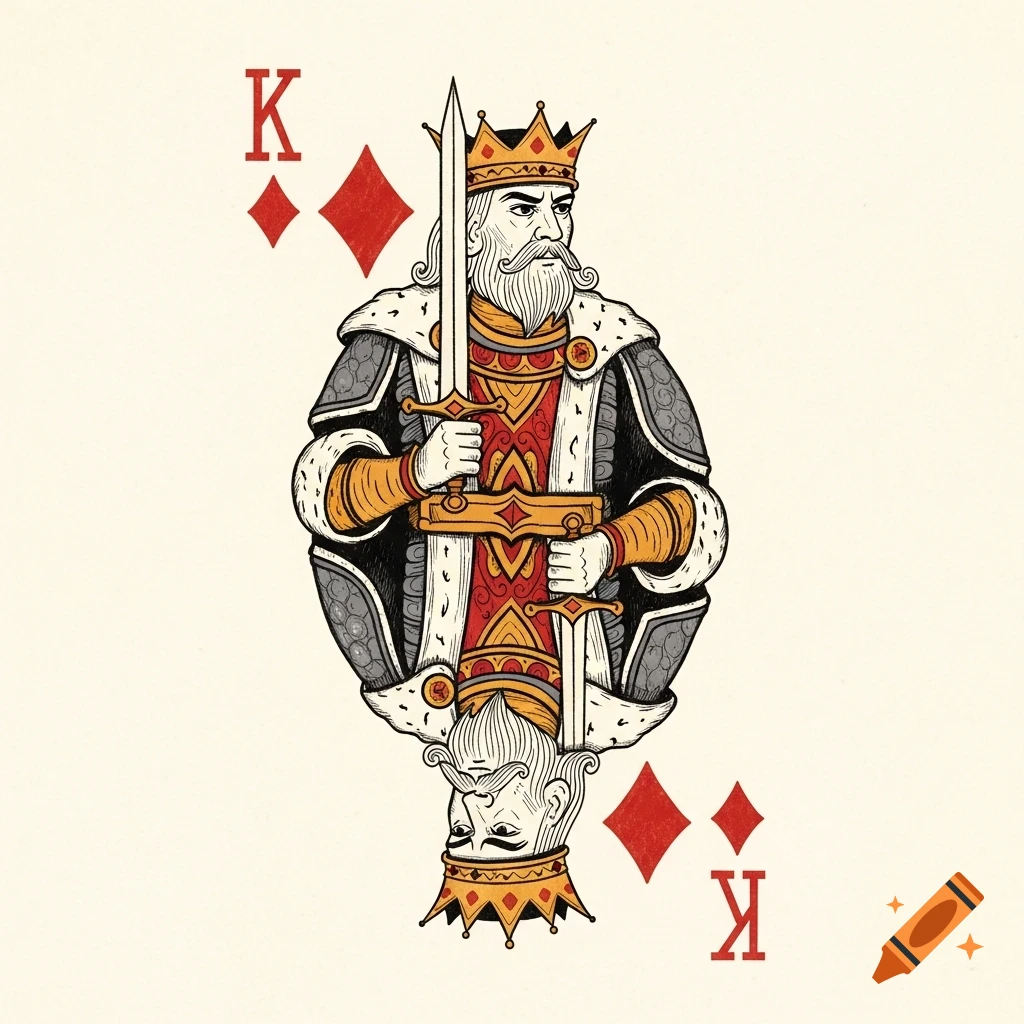 A vintage, hand-drawn illustration of a King of Diamonds playing card, featuring a medieval-style king holding a sword.
