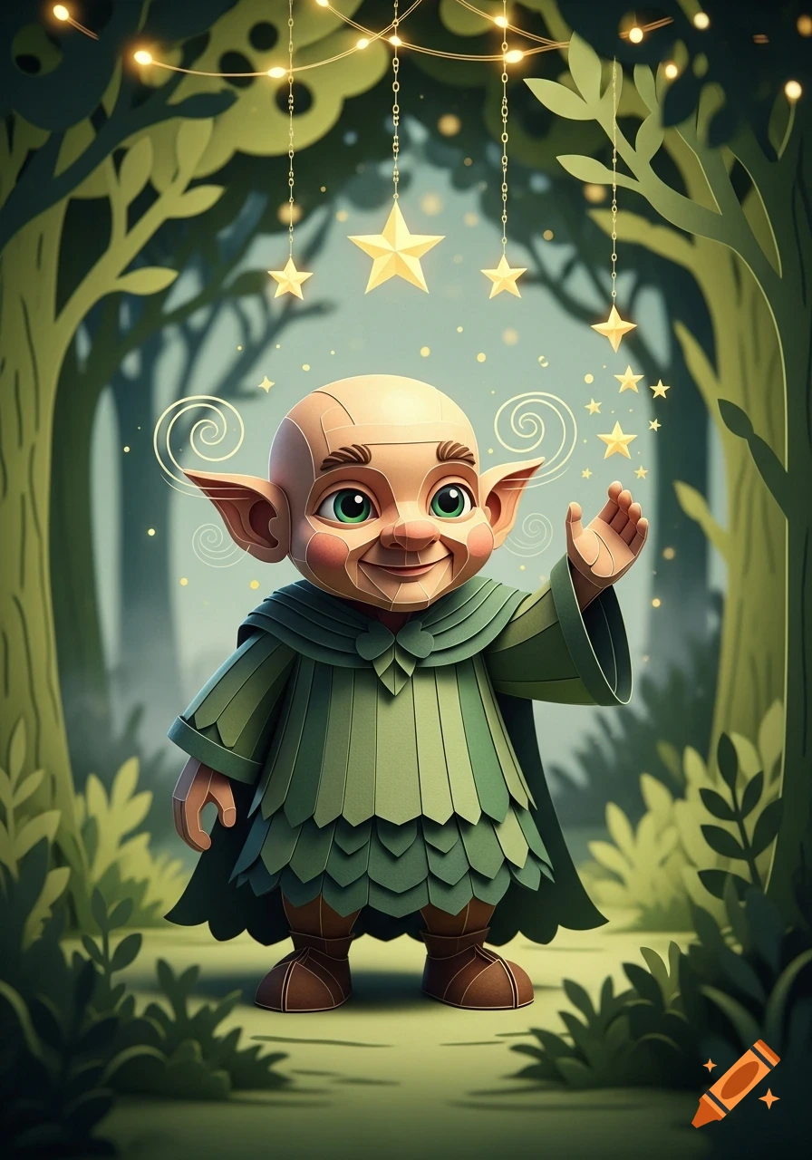 A cheerful green-clad paper puppet gnome waves in an enchanted forest with fairy lights and sparkling magic.