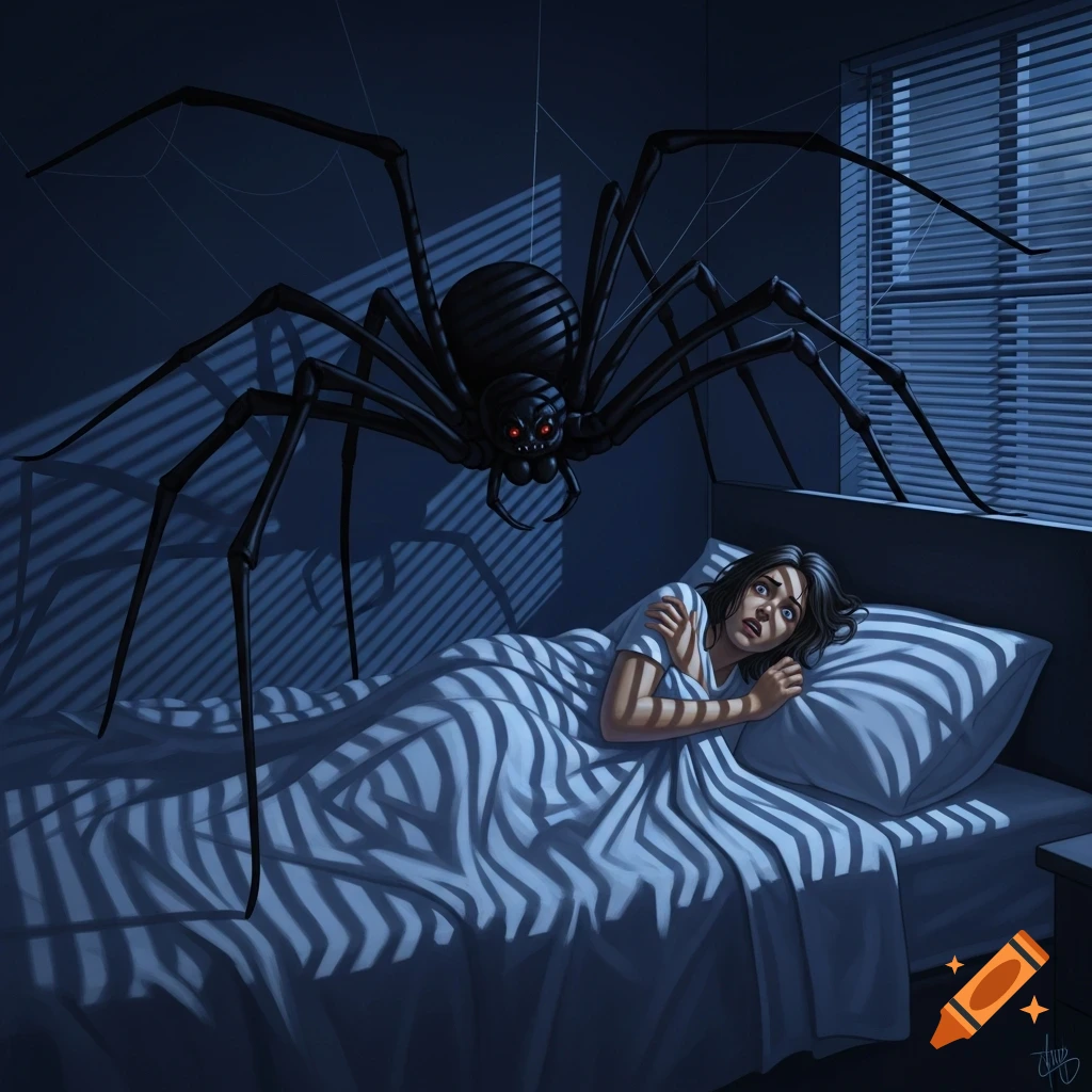Illustration of a huge black spider hanging over a terrified woman cowering in bed at night, with striped shadows.