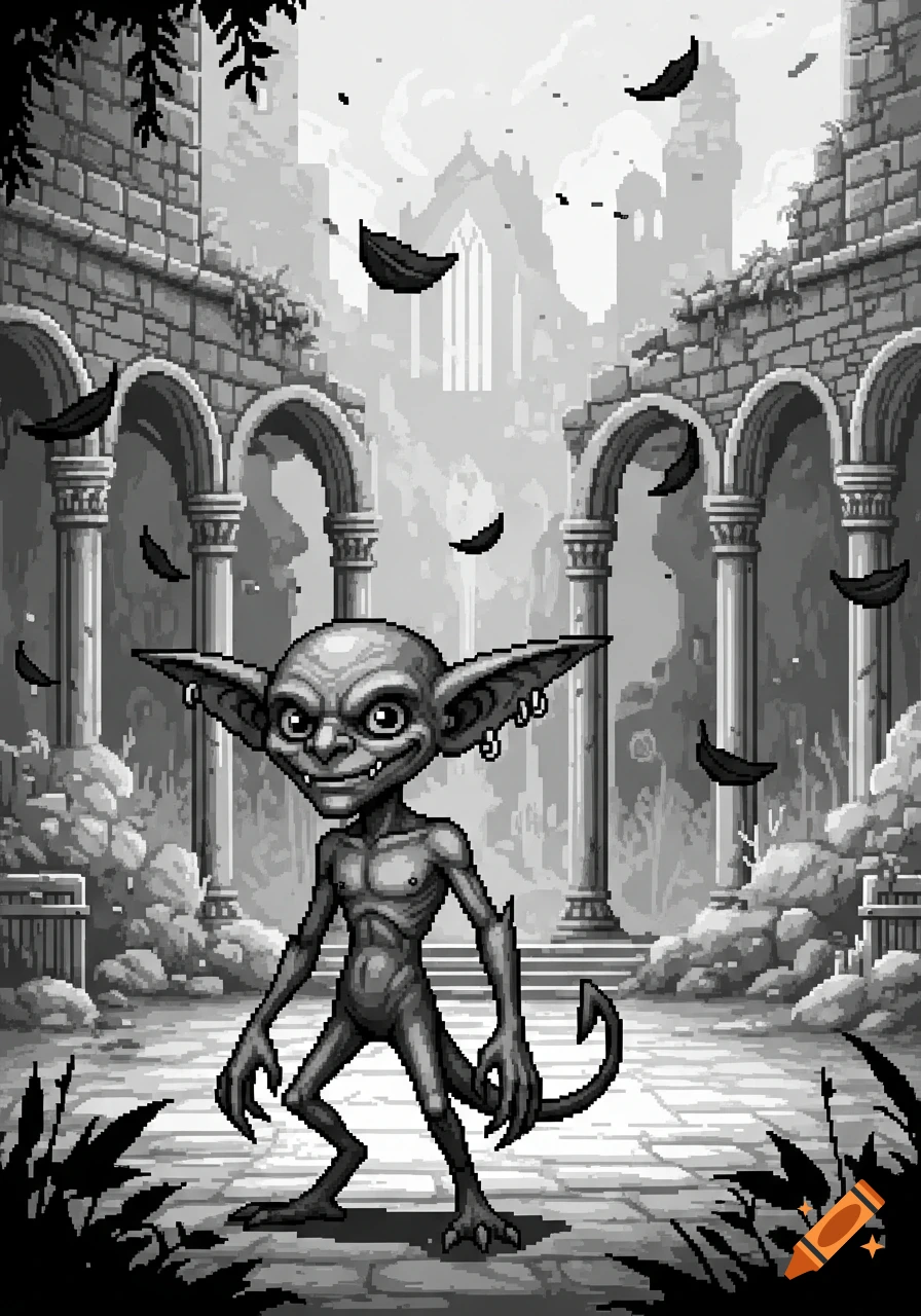 A black and white pixel art goblin stands in ancient ruins with falling leaves.