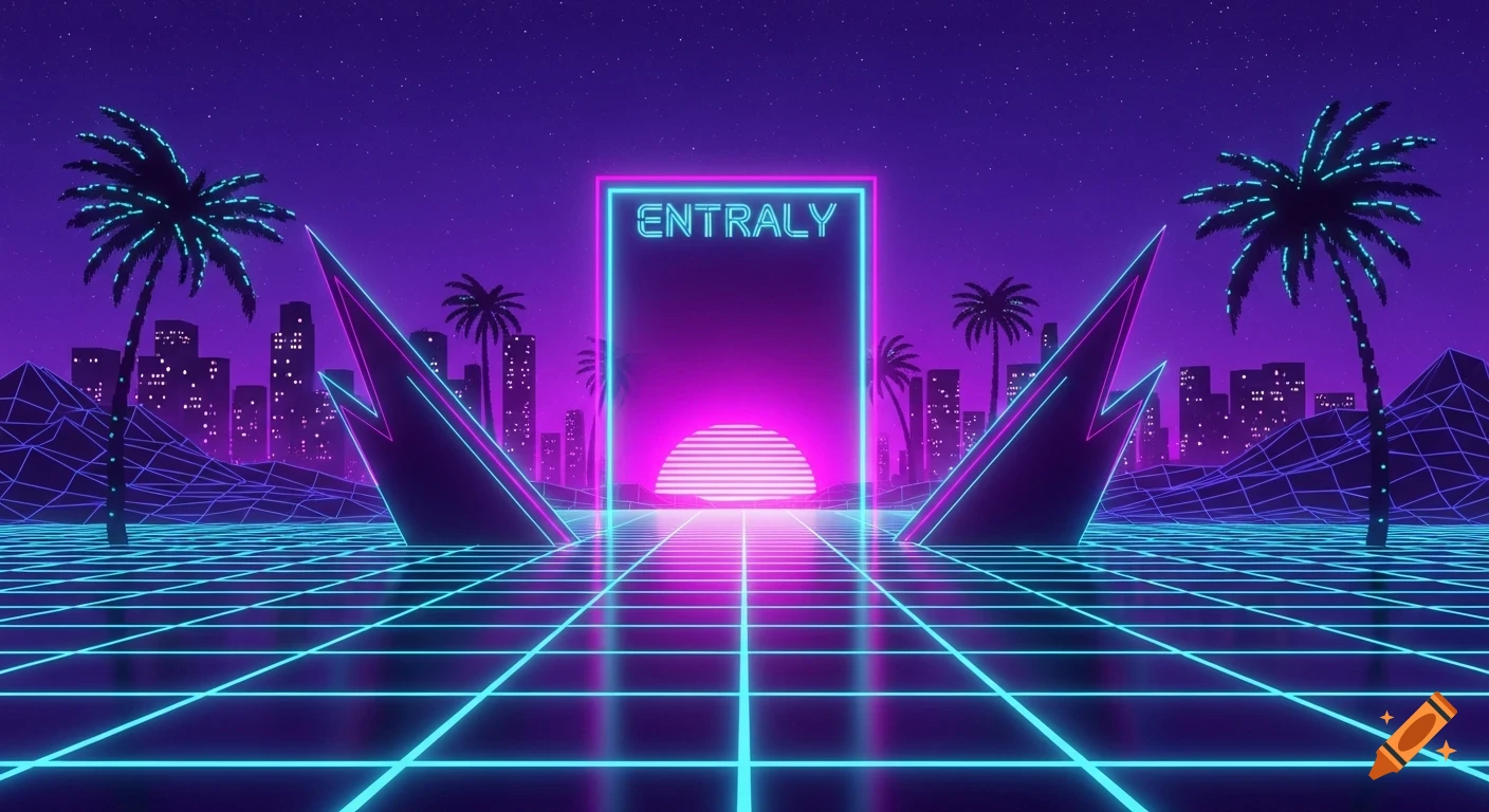 Synthwave landscape with glowing neon grid, palm trees, city skyline, and a glowing portal with the word ENTRALY.
