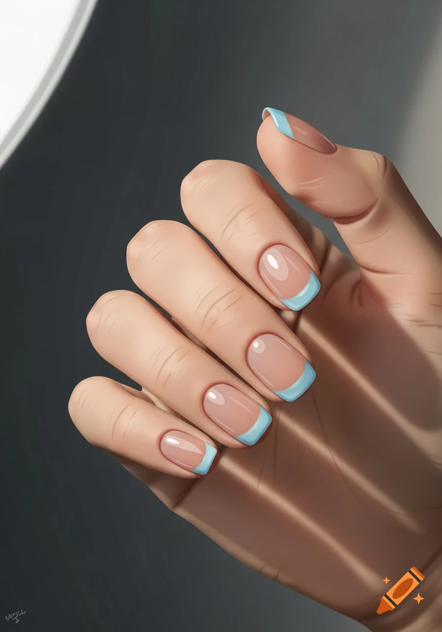 Close-up of a hand with a minimalist French manicure, featuring translucent pink nude base and sky-blue tips.