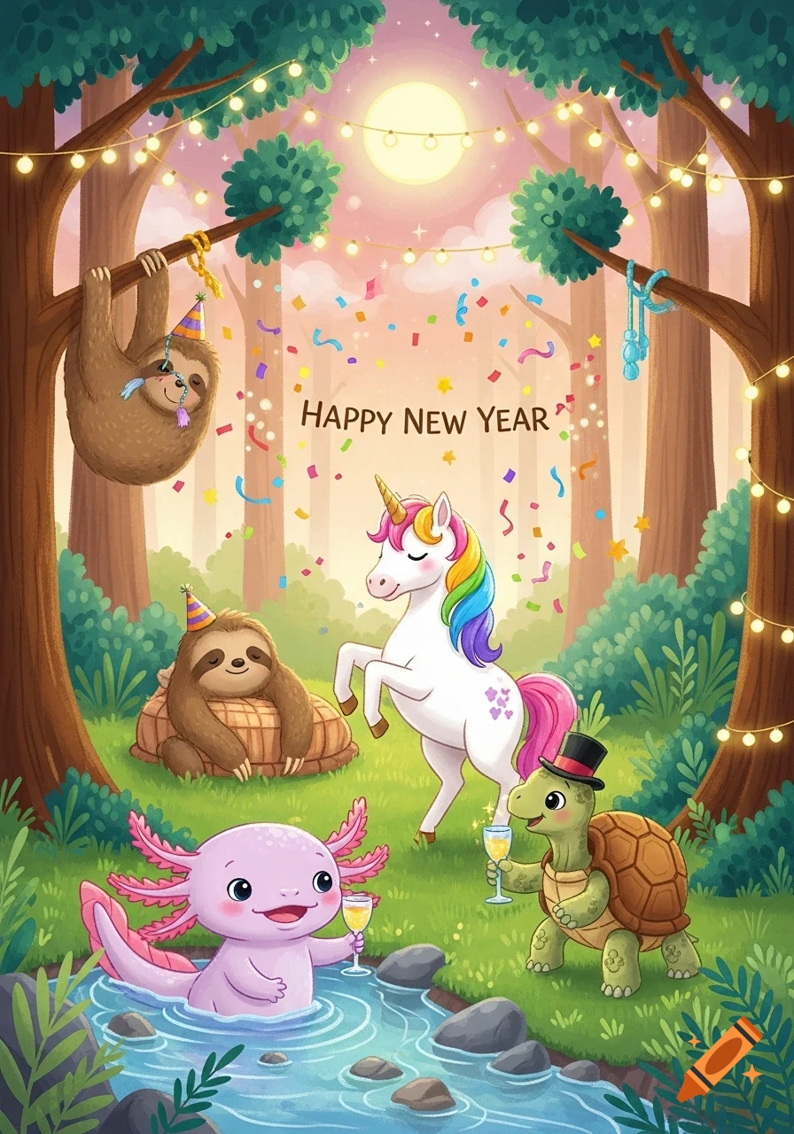 Children's book illustration of a sloth, unicorn, axolotl, and turtle celebrating New Year in a magical forest with confetti and string lights.