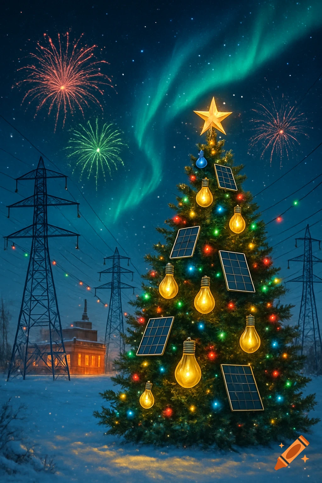 A Christmas tree decorated with solar panels and glowing lightbulb ornaments, surrounded by power lines and fireworks under an aurora borealis night sky in a snowy landscape.