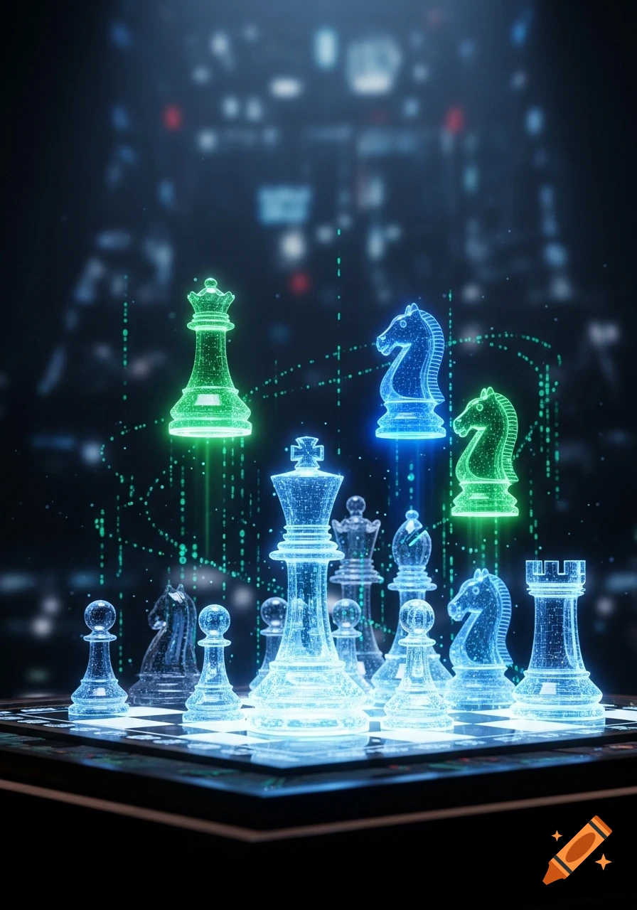Futuristic digital art showing glowing holographic chess pieces on a board against a dark, blurry background.