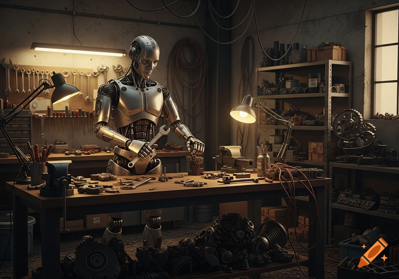 A metallic robot works diligently at a cluttered workbench in a dimly lit industrial workshop, holding a wrench.