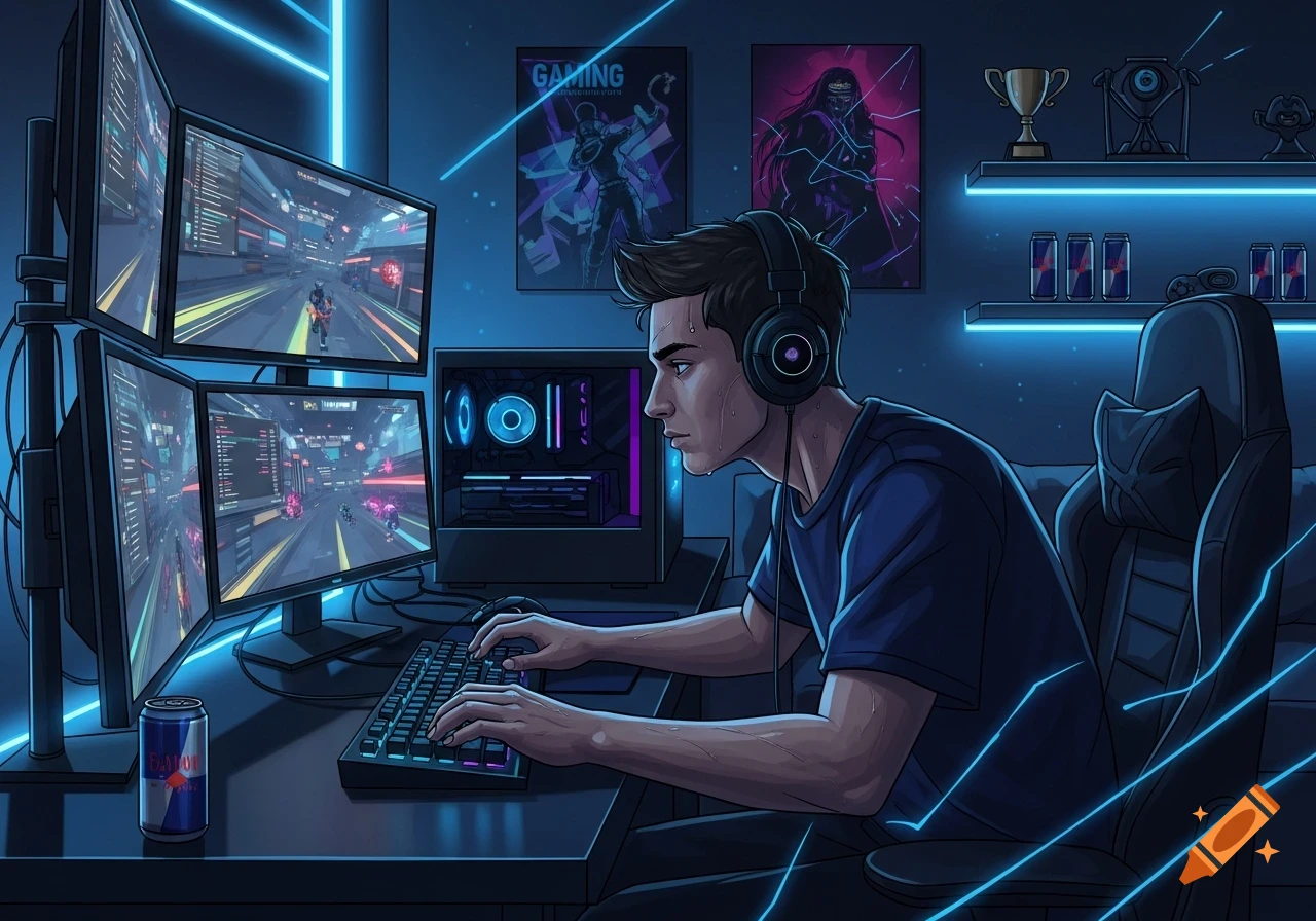 An illustrated male gamer with headphones sits at a desk with multiple monitors, a gaming PC, and a beverage, bathed in blue neon light.