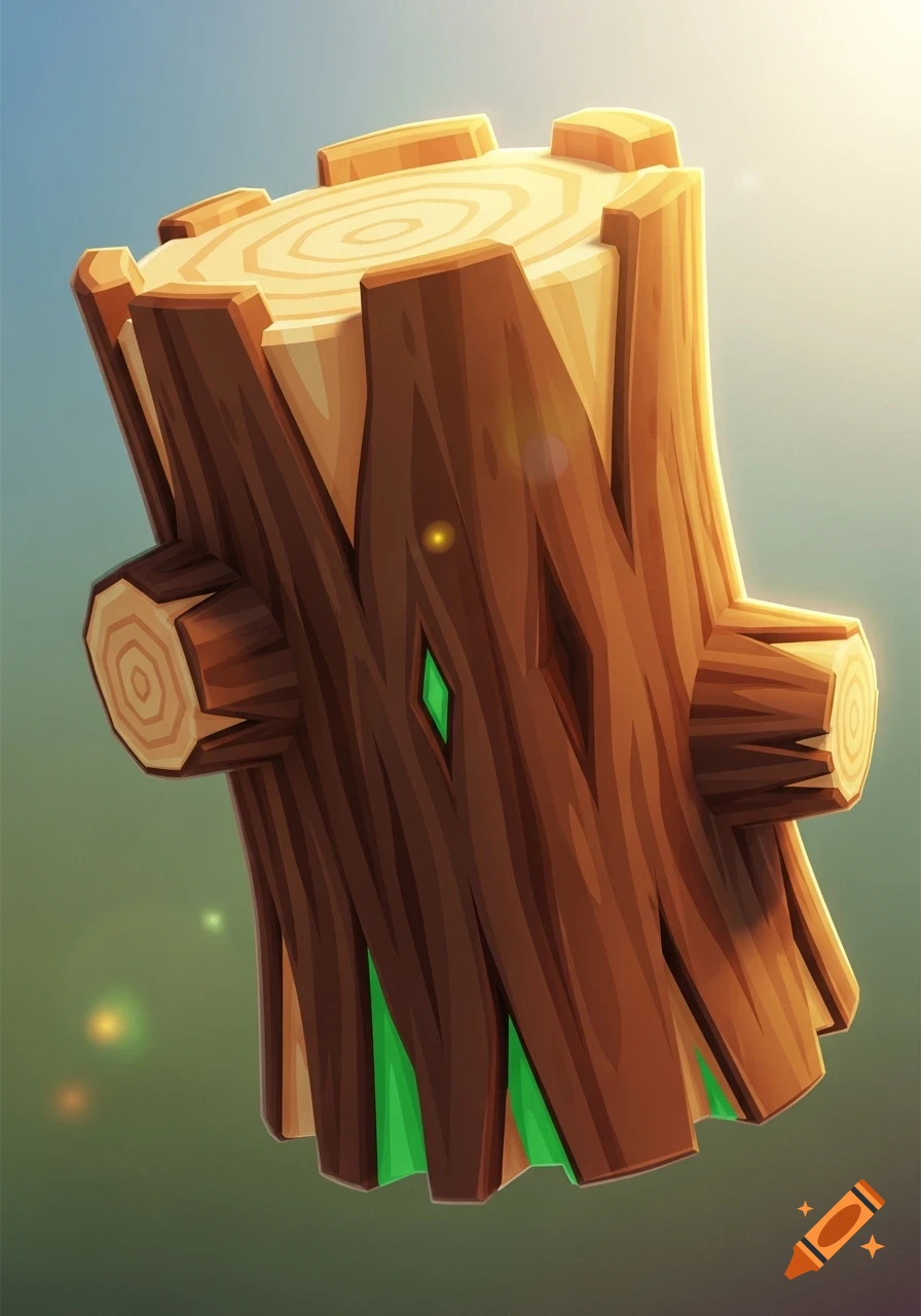 Stylized upright log with dark brown bark, lighter wood grain on top, green accents, and a sunlit background in game art style.