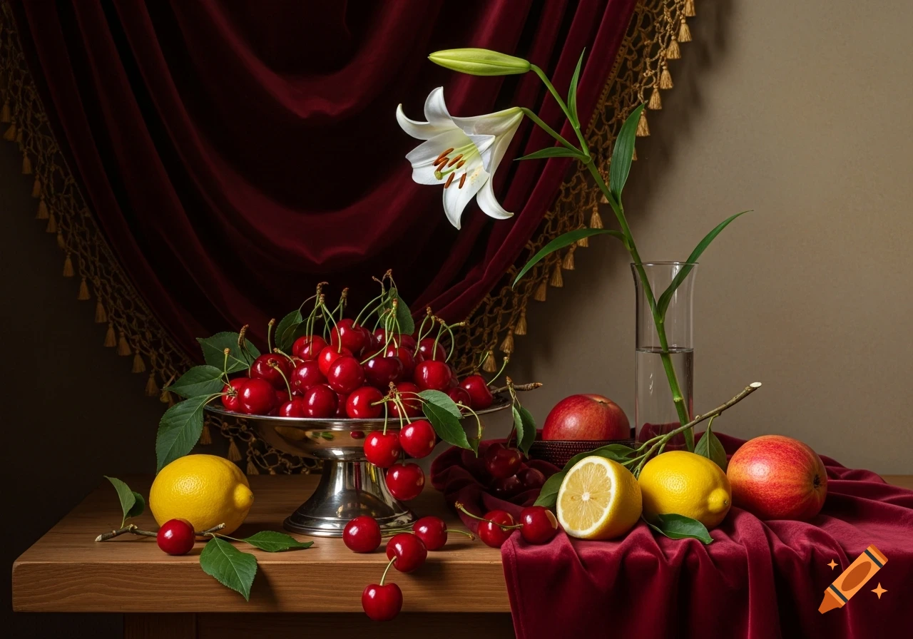 Photorealistic still life featuring a silver bowl of cherries, lemons, apples, and a white lily on a wooden table against red velvet.