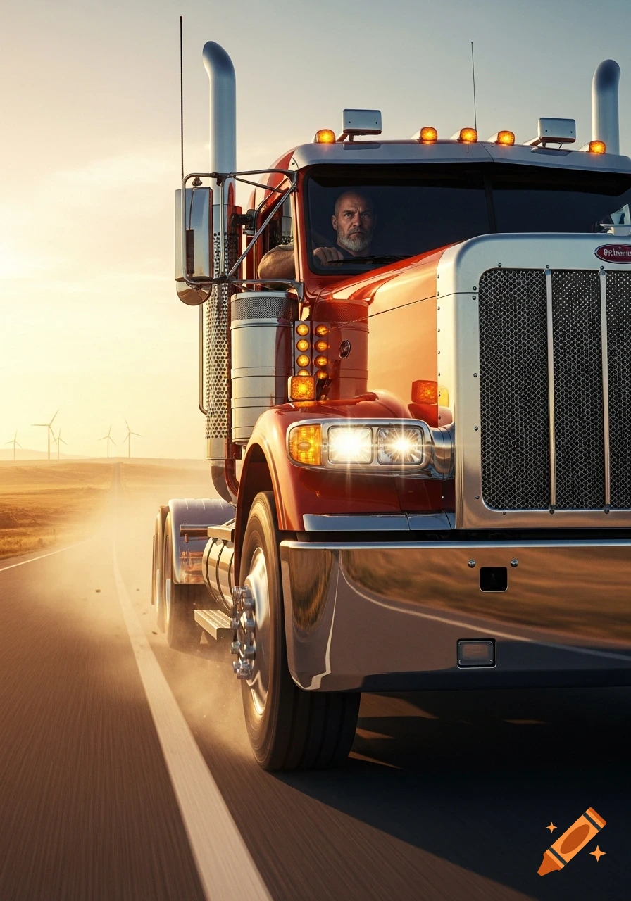 Photorealistic image of a red semi-truck with a male driver on a desert highway at sunset, wind turbines in distance.