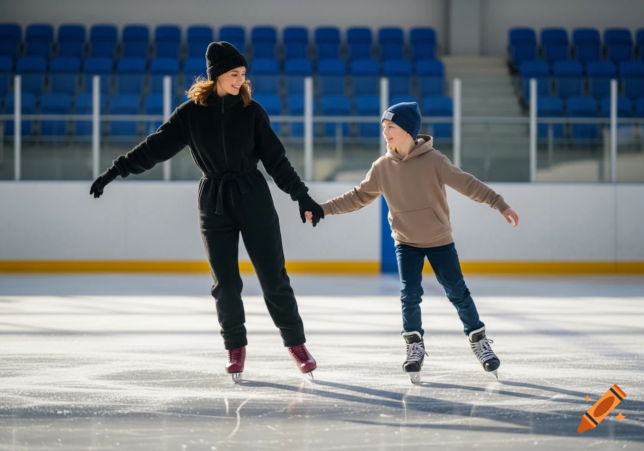 A mother and son ice skating hand-in-hand on an ice rink, smiling, with blue stands in the background.