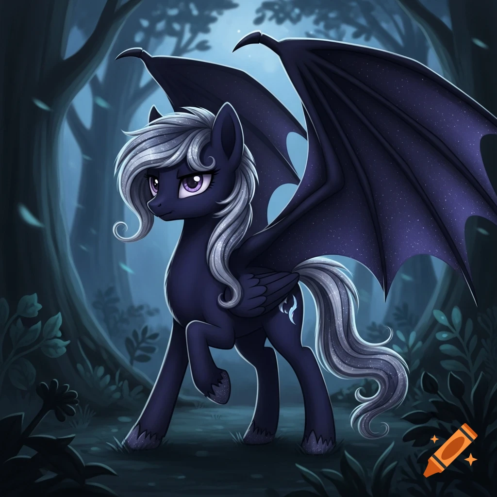 A dark blue pony with silver-gray mane and tail, purple eyes, and large bat wings stands in a moonlit forest.