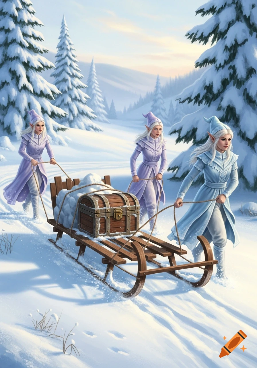 Three white-haired elves in winter attire pull a wooden sled laden with a treasure chest through a snowy forest.