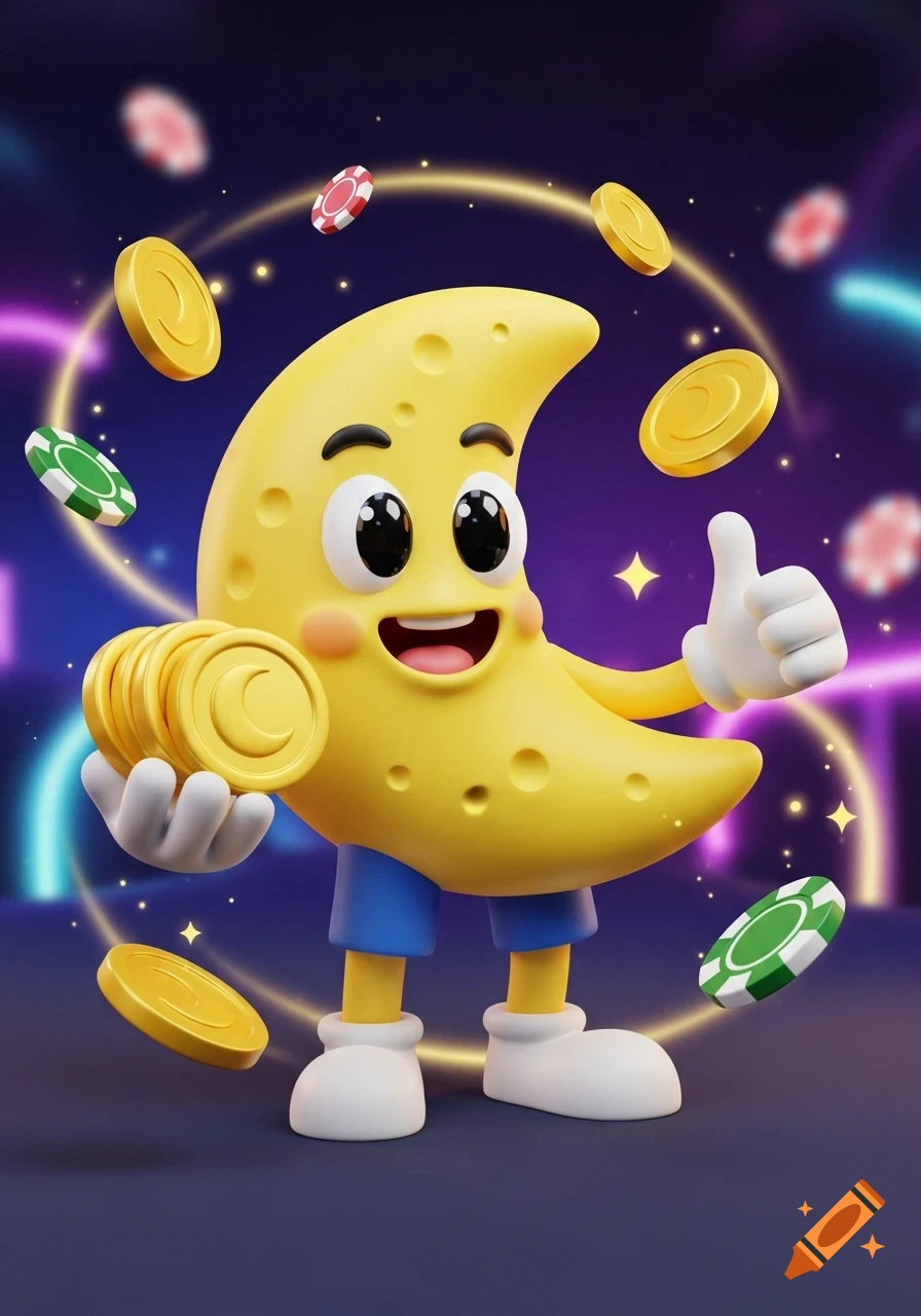 A cheerful 3D cartoon crescent moon character holds a stack of golden coins and gives a thumbs-up, surrounded by casino chips and glowing lights in a neon gaming setting.