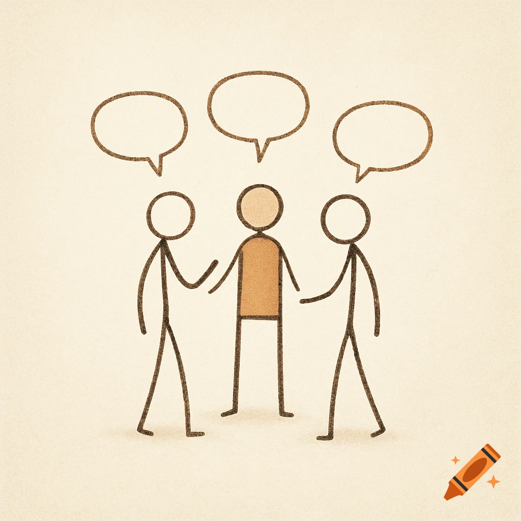Three stick figures with empty speech bubbles above their heads, drawn with textured brown lines on a beige background.
