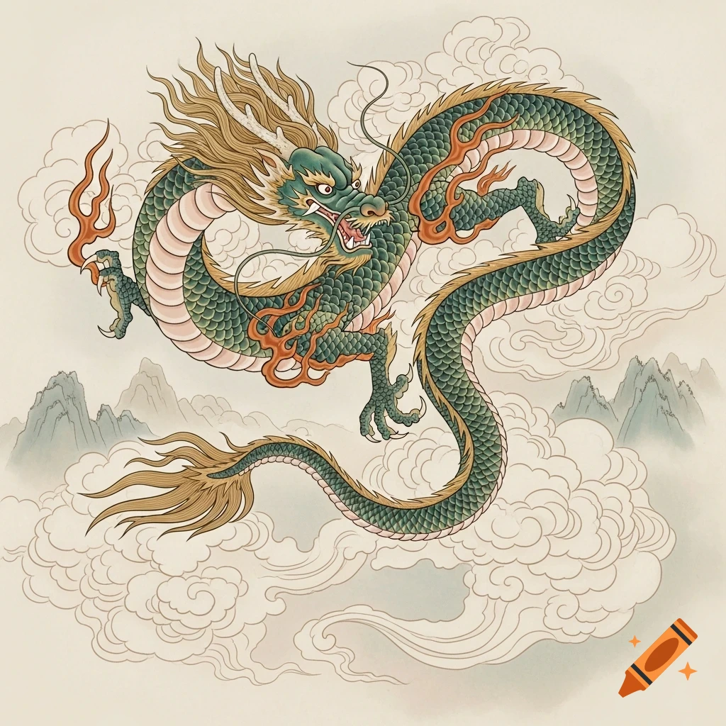 A vibrant Chinese-style painting depicts a green and gold dragon flying amidst stylized clouds and distant mountains.