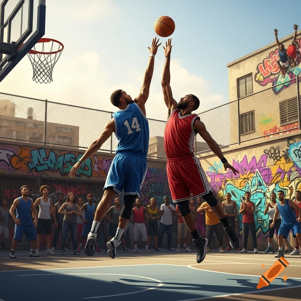Two basketball players jump for the ball on an outdoor court with a graffiti-covered wall and spectators in the background.
