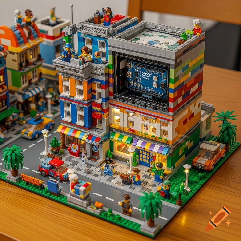 A detailed Lego city street scene with buildings, minifigures, vehicles, and an exposed Arduino board integrated into one building.