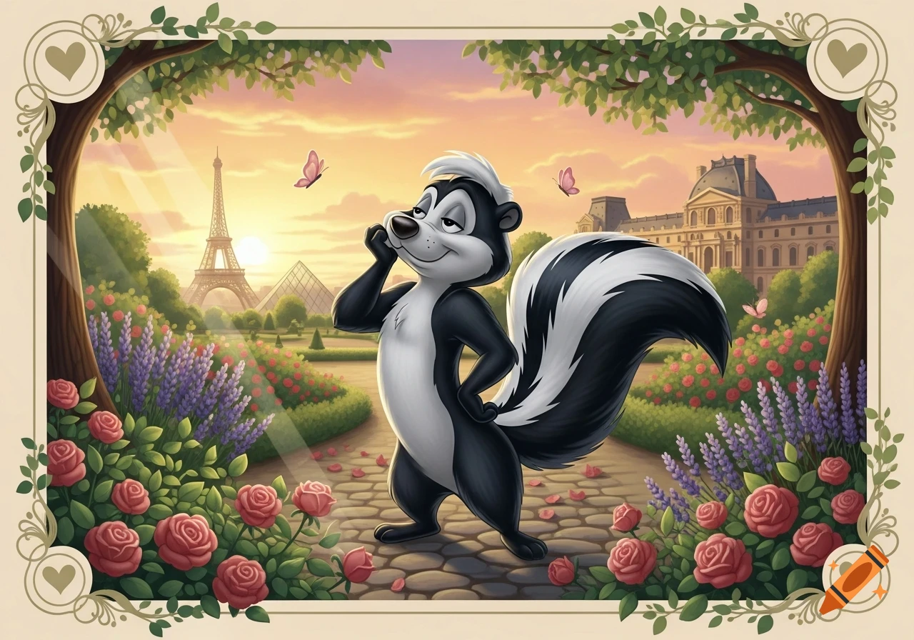 Cartoon Pepe Le Pew skunk posing confidently in a beautiful Parisian garden with the Eiffel Tower and a grand building at sunset.