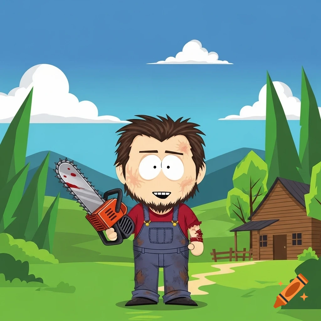 A South Park style cartoon man dressed as a hillbilly, holding a bloody chainsaw in a rural landscape with a cabin.