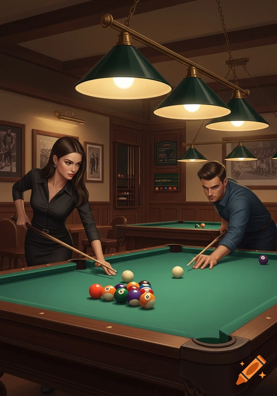 A man and a woman playing billiards in a dimly lit pool hall with green lamps hanging overhead.