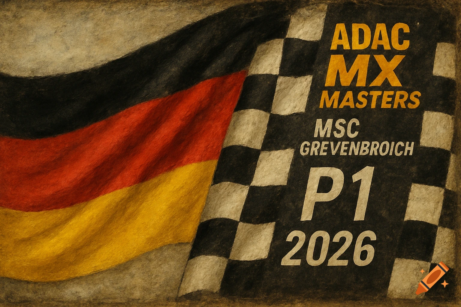A textured, rustic image combining the German flag with a checkered racing flag, featuring text 'ADAC MX MASTERS', 'MSC GREVENBROICH', 'P1', and '2026'.
