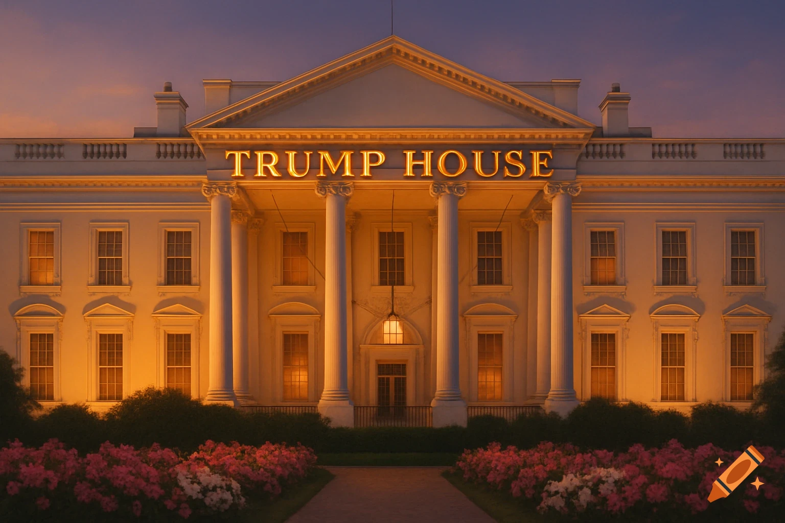 A photorealistic image of the White House with golden 'TRUMP HOUSE' text on its pediment, seen at sunset with pink flowers.