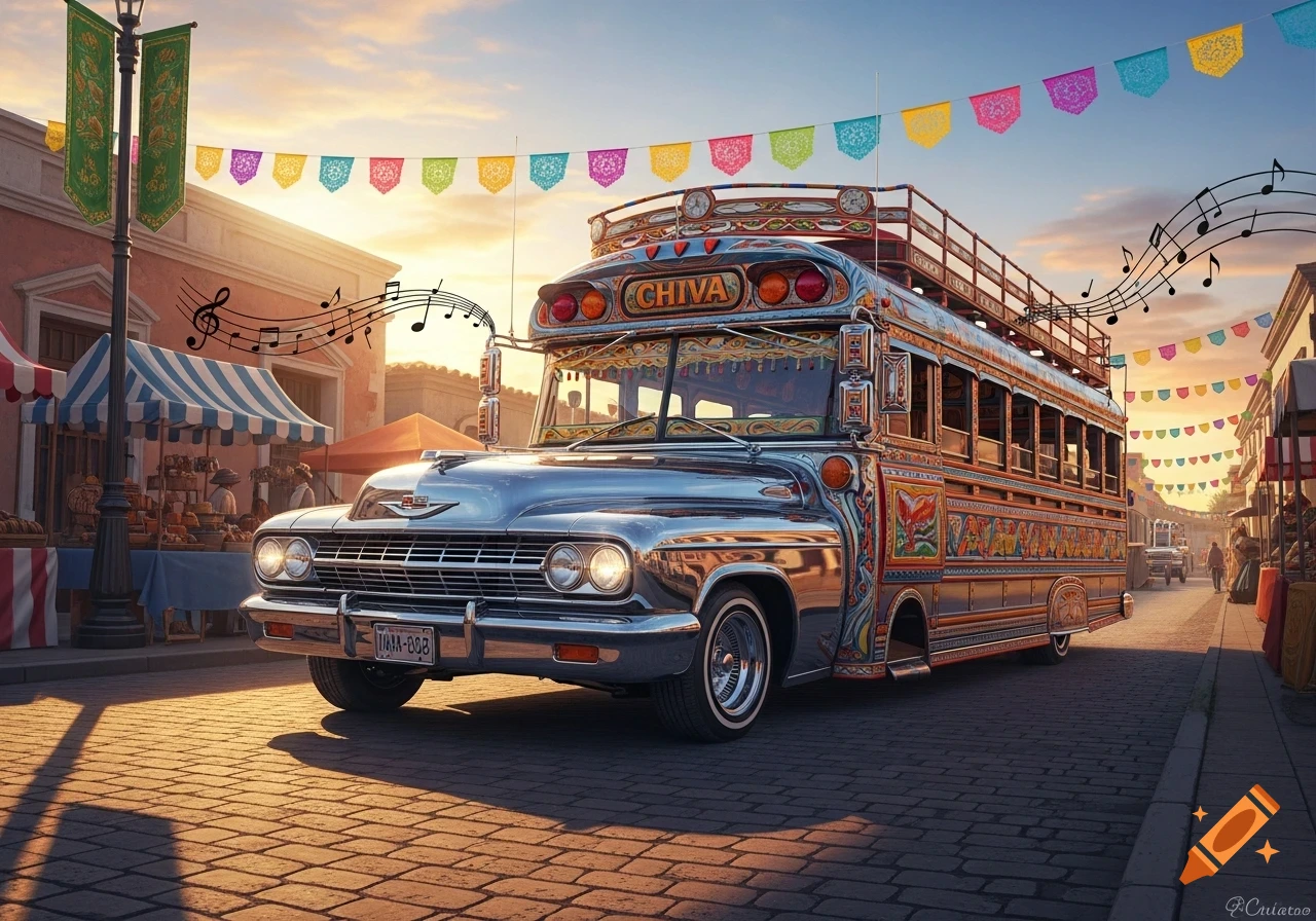A vibrant, chrome lowrider chiva bus parked on a cobblestone street, adorned with colorful decorations and papel picado, at sunset.