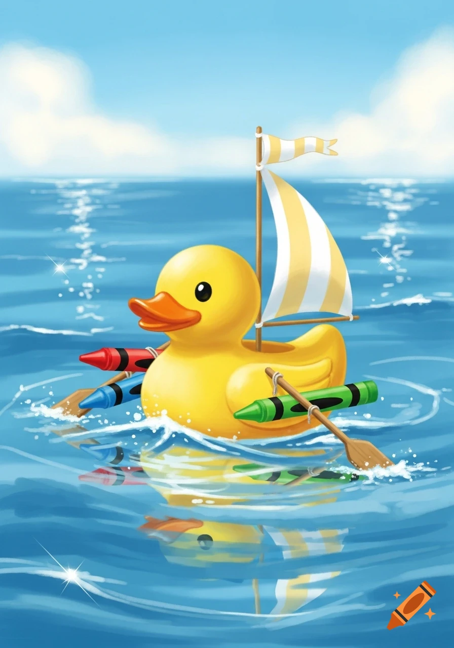 A bright yellow rubber ducky with a striped sail floats in the blue ocean, flanked by red, blue, and green crayons.