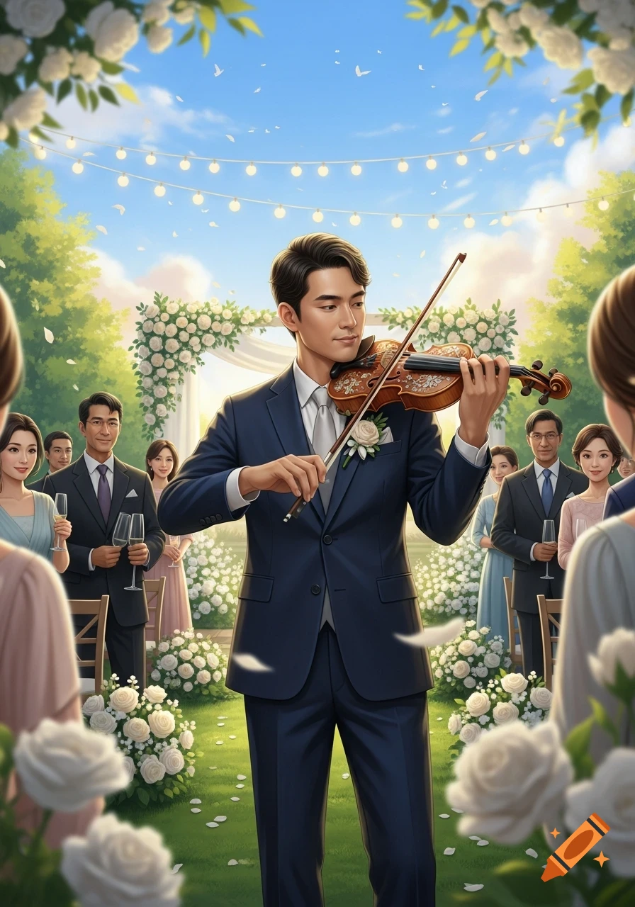A man in a navy suit plays a decorated violin at an outdoor wedding ceremony, surrounded by guests and white floral arches.