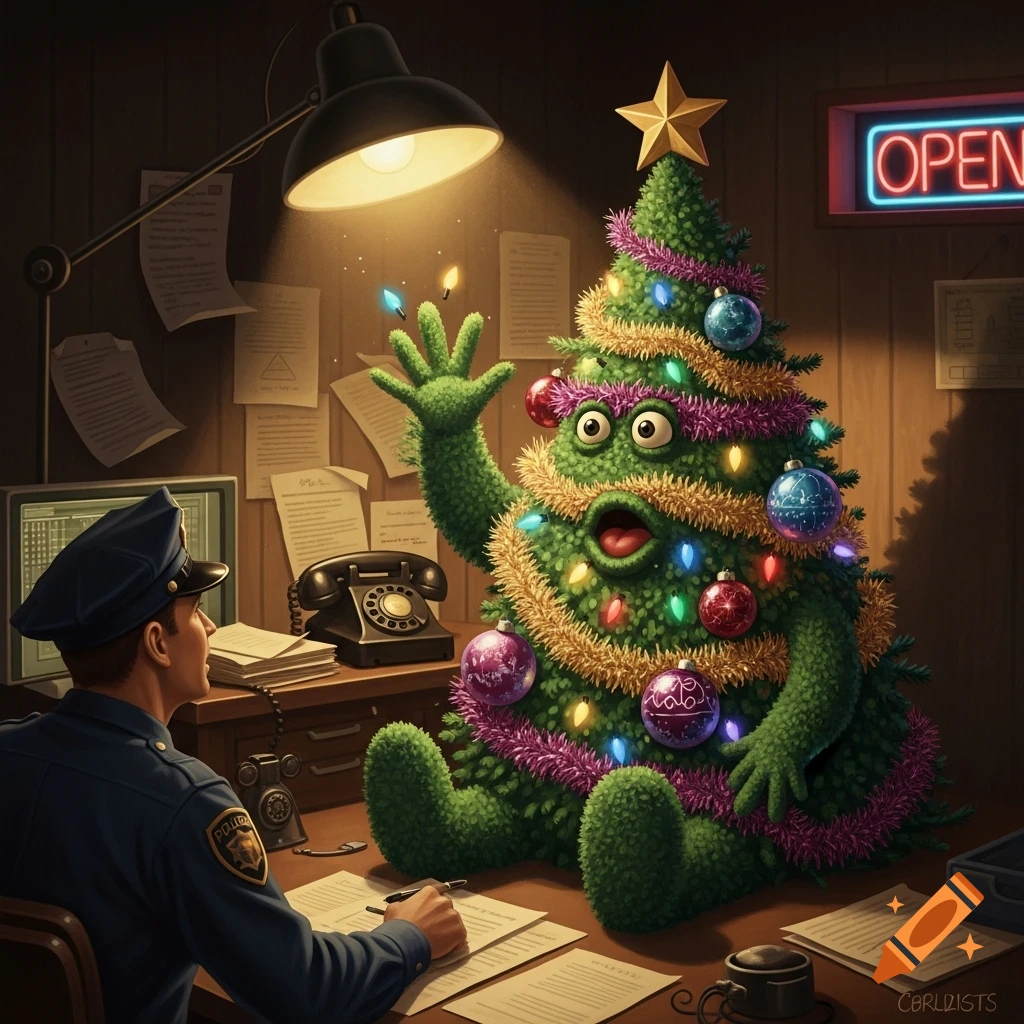 A cartoonish green Christmas tree creature with googly eyes and ornaments sits on a police desk, raising a hand to a writing policeman.