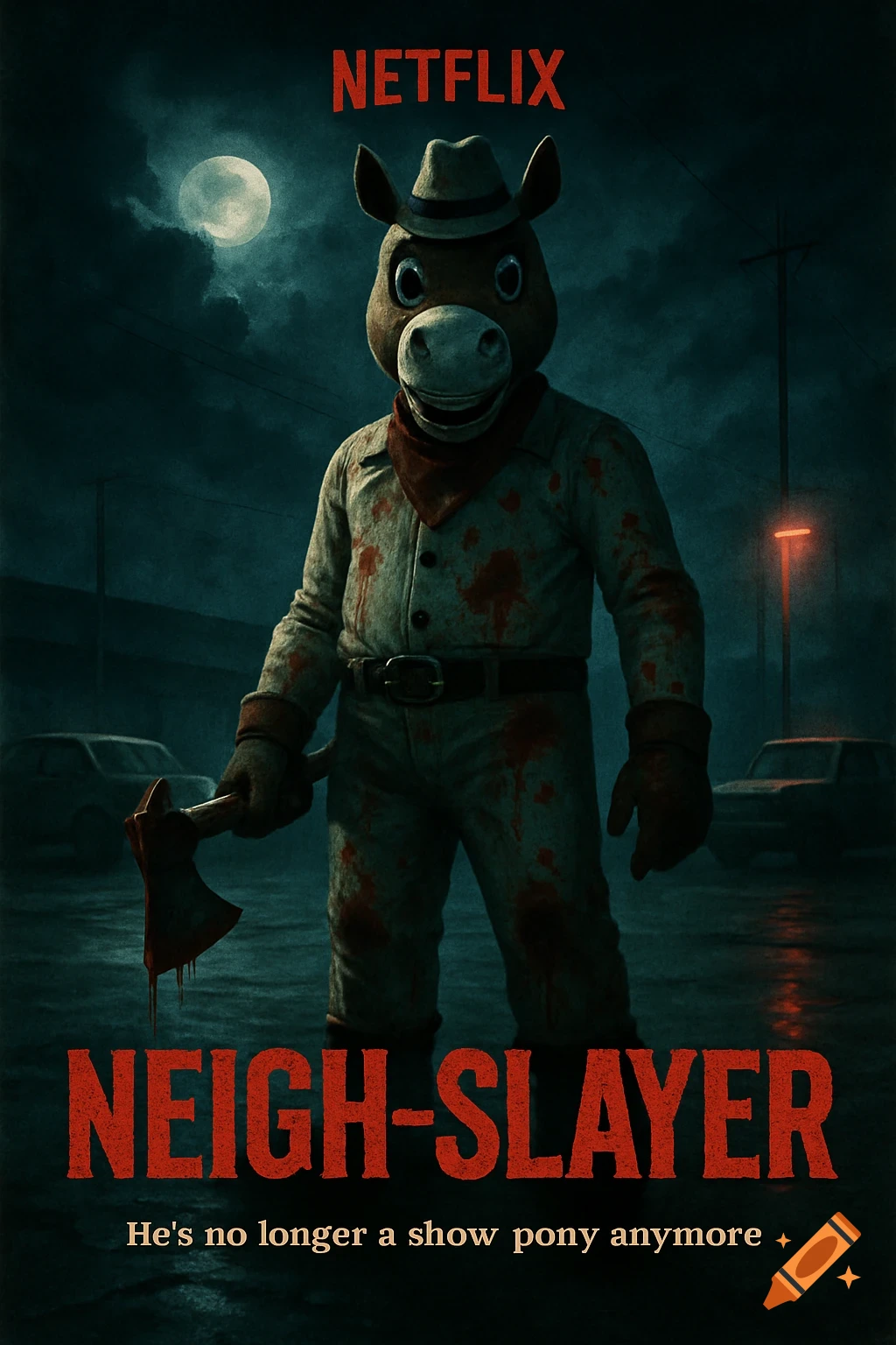 Horror movie poster of a blood-covered horse mascot in a cowboy hat holding a bloody axe in a dark parking lot at night. Text: Netflix NEIGH-SLAYER.