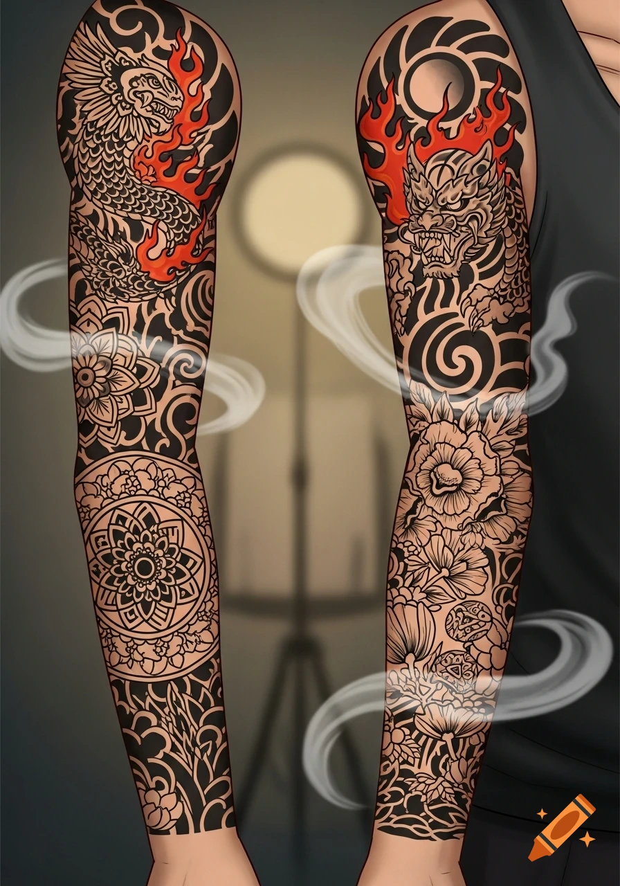 Two arms with detailed full-sleeve tattoos featuring dragons, flames, flowers, and mandalas in an illustrative style.