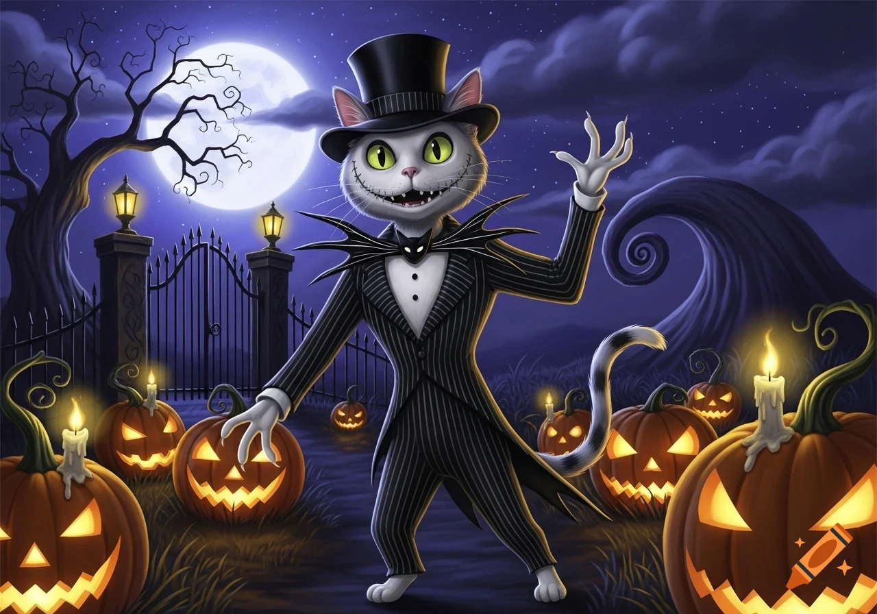 Cartoon white cat in a Jack Skellington suit and top hat stands in a Halloween graveyard with glowing jack-o'-lanterns and a full moon.