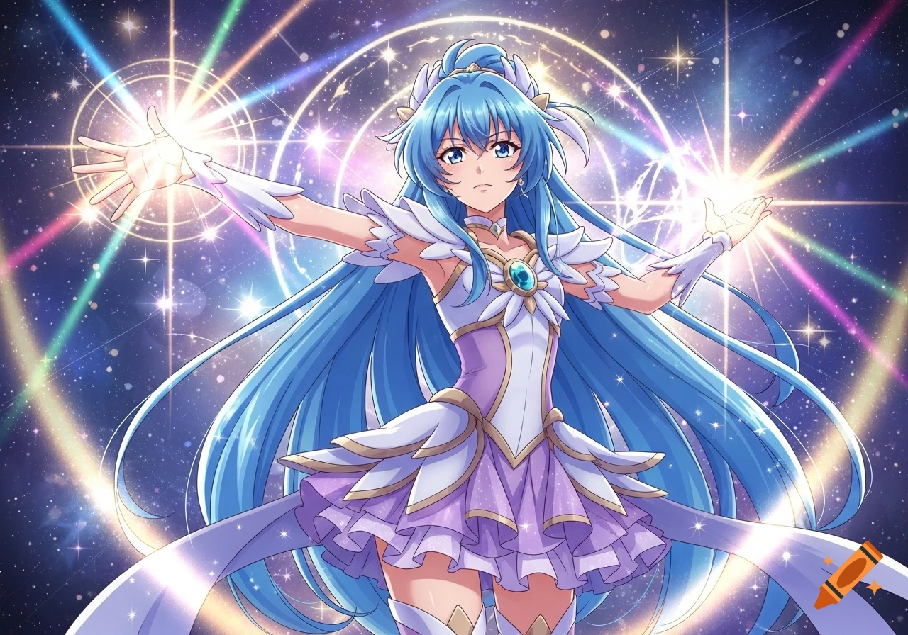 An anime magical girl with long blue hair and a white and lavender outfit, emitting bright light and colorful streaks in a cosmic background.
