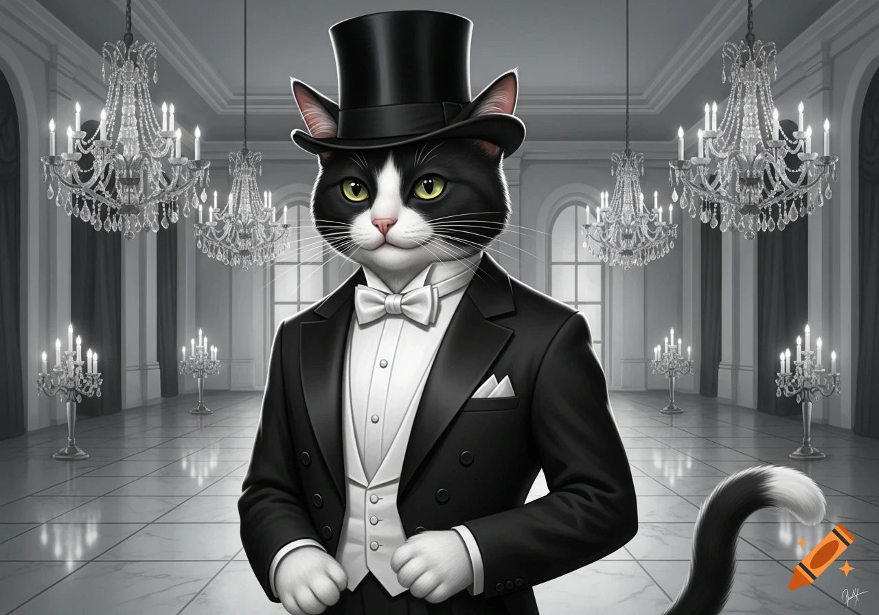 A black and white tuxedo cat in a top hat and bow tie stands in a grand ballroom with chandeliers.