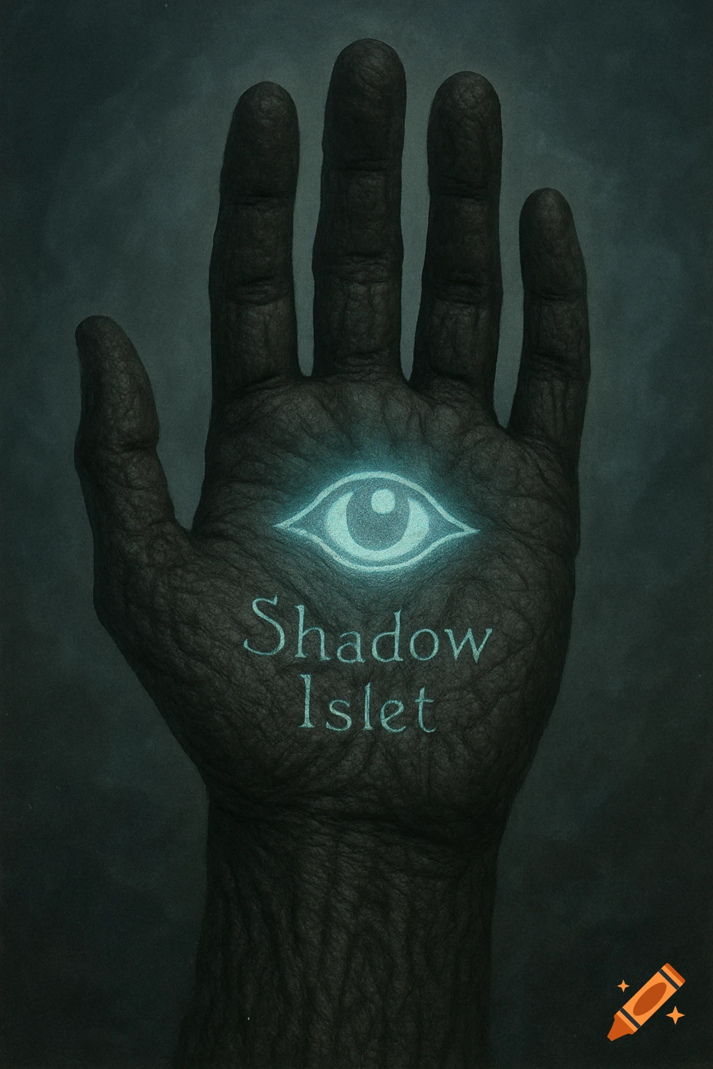 A dark, textured hand with a glowing blue eye symbol on its palm and the text "Shadow Islet" below it, set against a dark, foggy background.