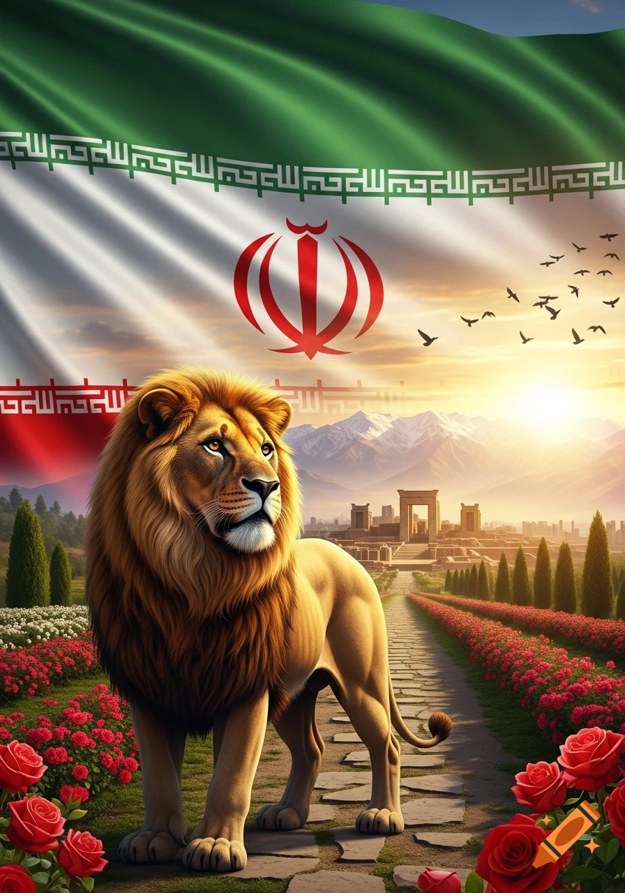 A majestic lion stands on a stone path amidst red roses, with the waving Iranian flag, ancient ruins, and snow-capped mountains under a sunrise sky.