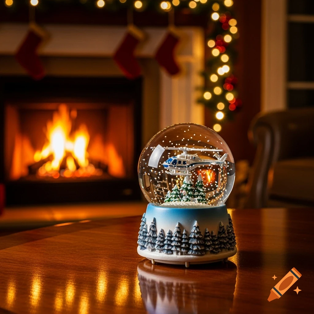 A snow globe with a helicopter and pine trees sits on a wooden table, in front of a fireplace with Christmas stockings and lights.