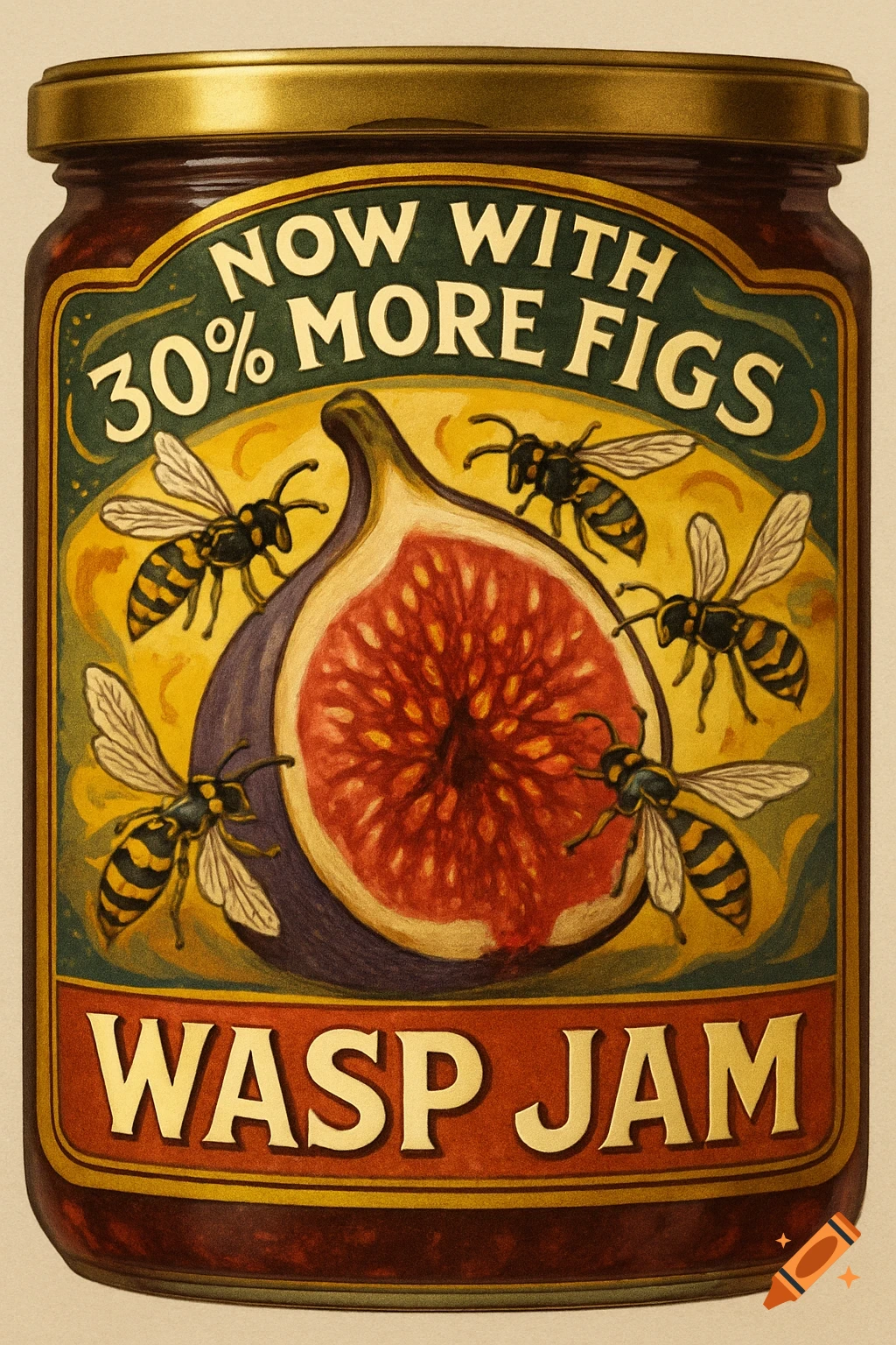 Vintage-style illustration of a 'Wasp Jam' jar label with a sliced fig and wasps, stating 'Now with 30% More Figs'.