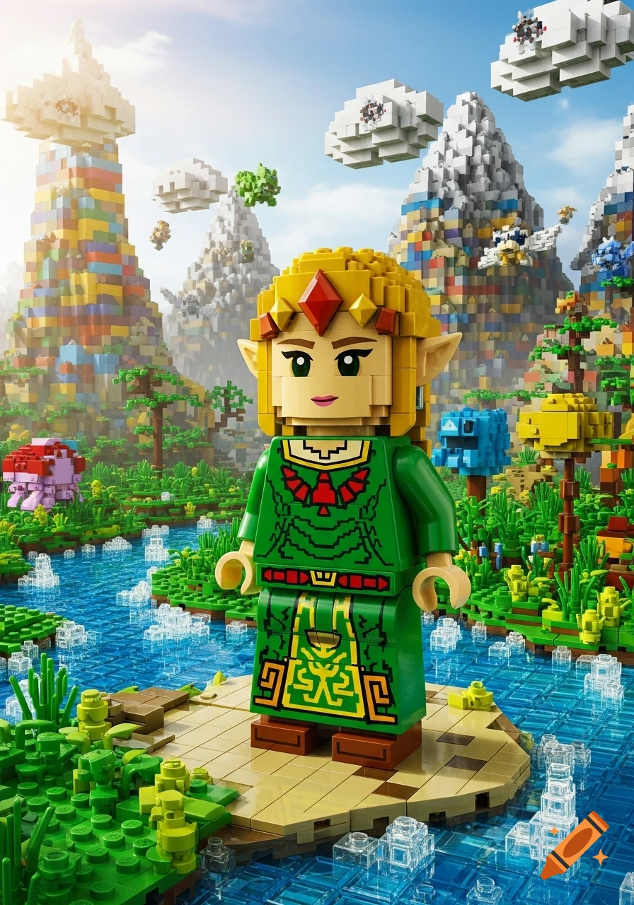 A Lego Zelda figure stands on an island in a vibrant fantasy landscape made of Lego bricks, with mountains and rivers.
