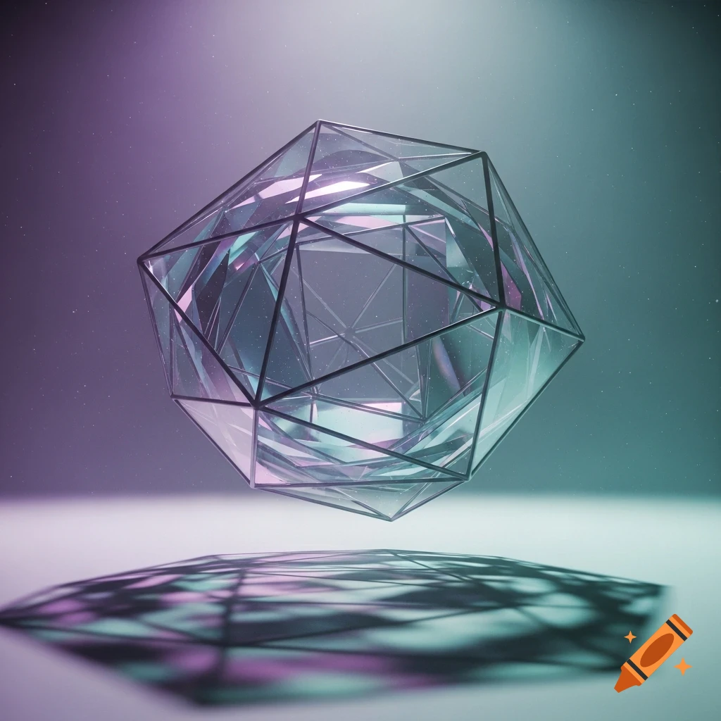 A floating, faceted glass geometric shape with purple and teal reflections, casting a shadow on a reflective surface.