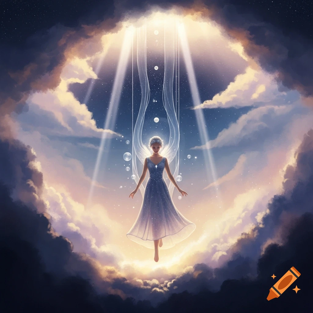Ethereal fairy-like figure in a sparkling dress floats amidst clouds and radiant light rays, appearing angelic.