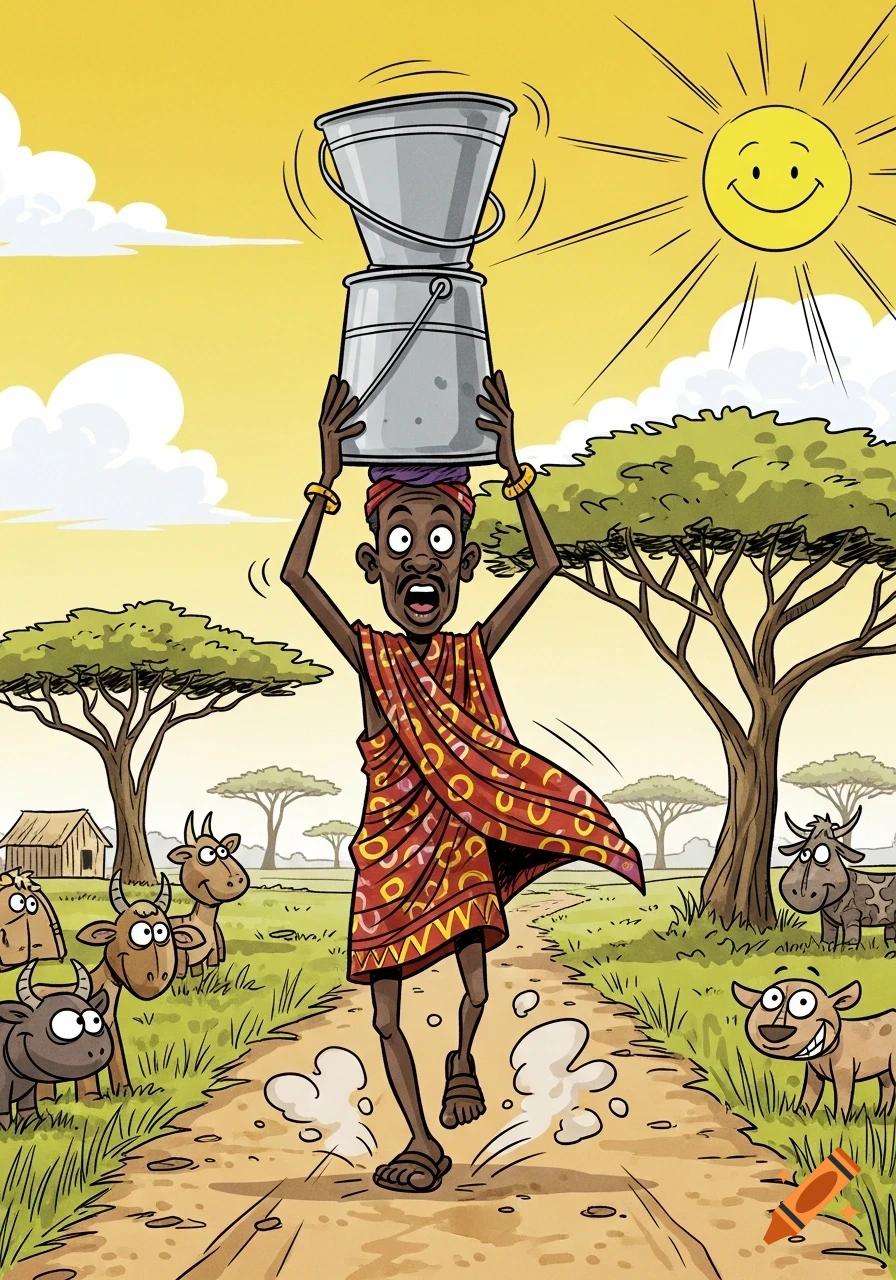 A cartoon-style African person strains to carry two buckets on their head along a path, observed by cartoon animals under a smiling sun.