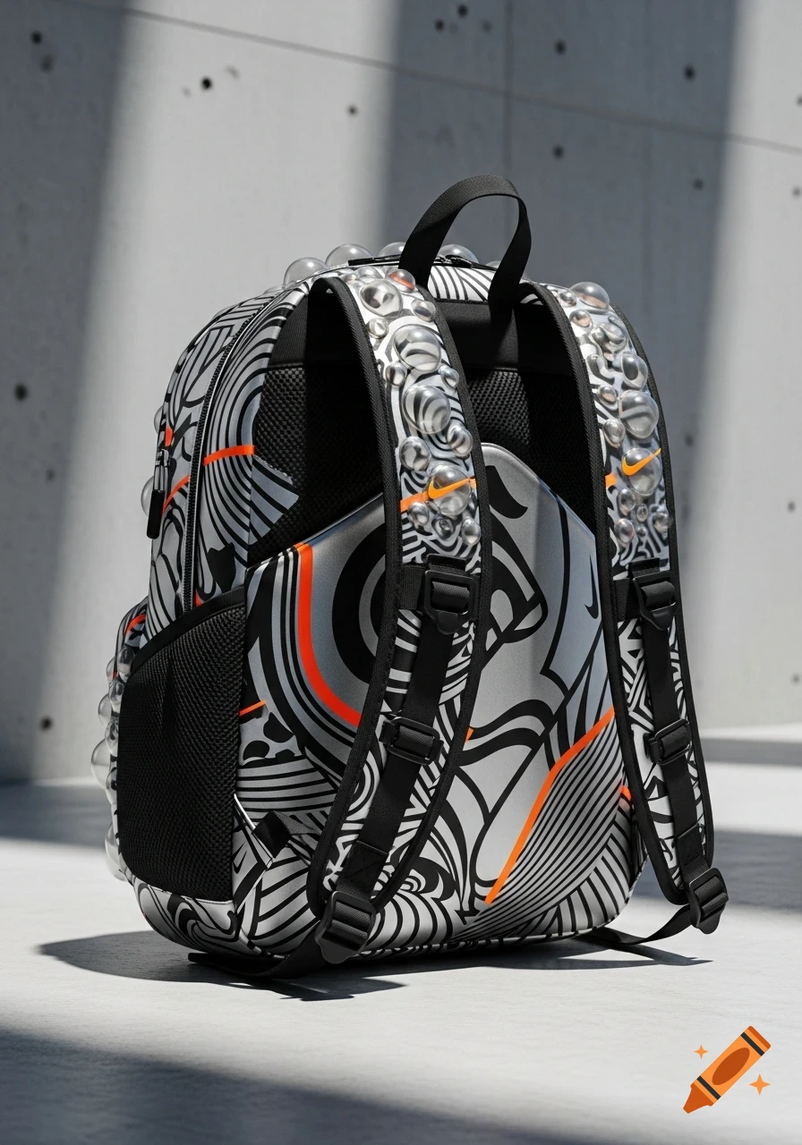 A black, white, and orange Nike backpack with an abstract design and transparent air bubble straps, leaning against a concrete wall.