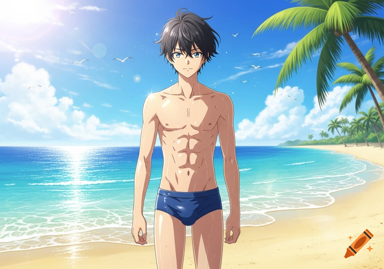 A wet anime boy with dark hair and blue eyes stands on a sunny beach, wearing a blue speedo. The ocean and palm trees are in the background.