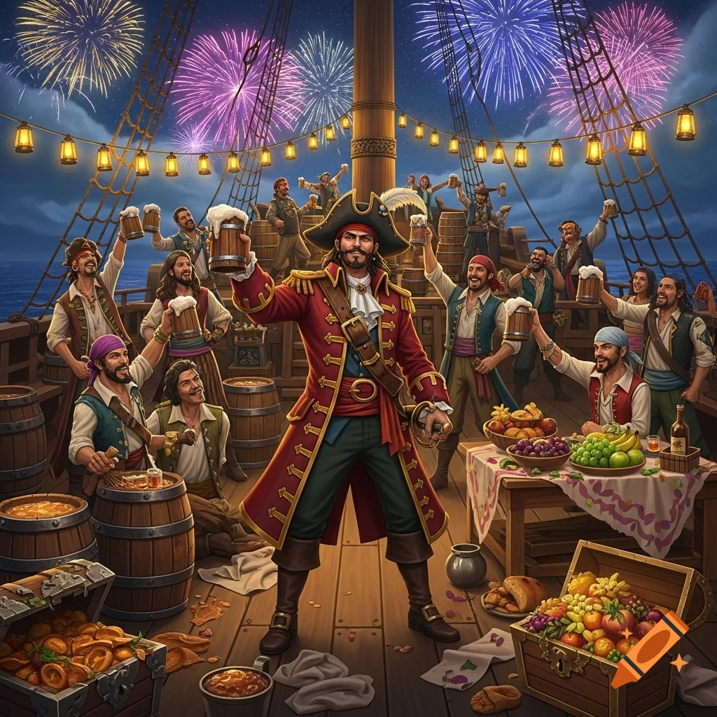 A vibrant illustration of pirates celebrating on a ship's deck at night, with fireworks exploding in the sky. They toast with mugs and enjoy food.