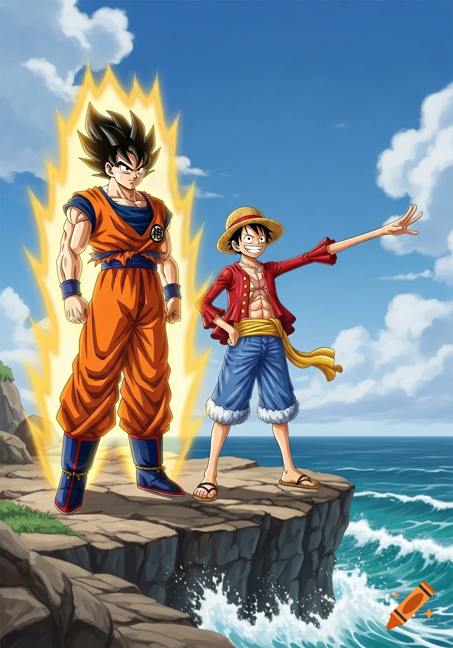 Anime characters Goku and Luffy stand on a cliff overlooking a wavy ocean, Goku emanating a golden aura.