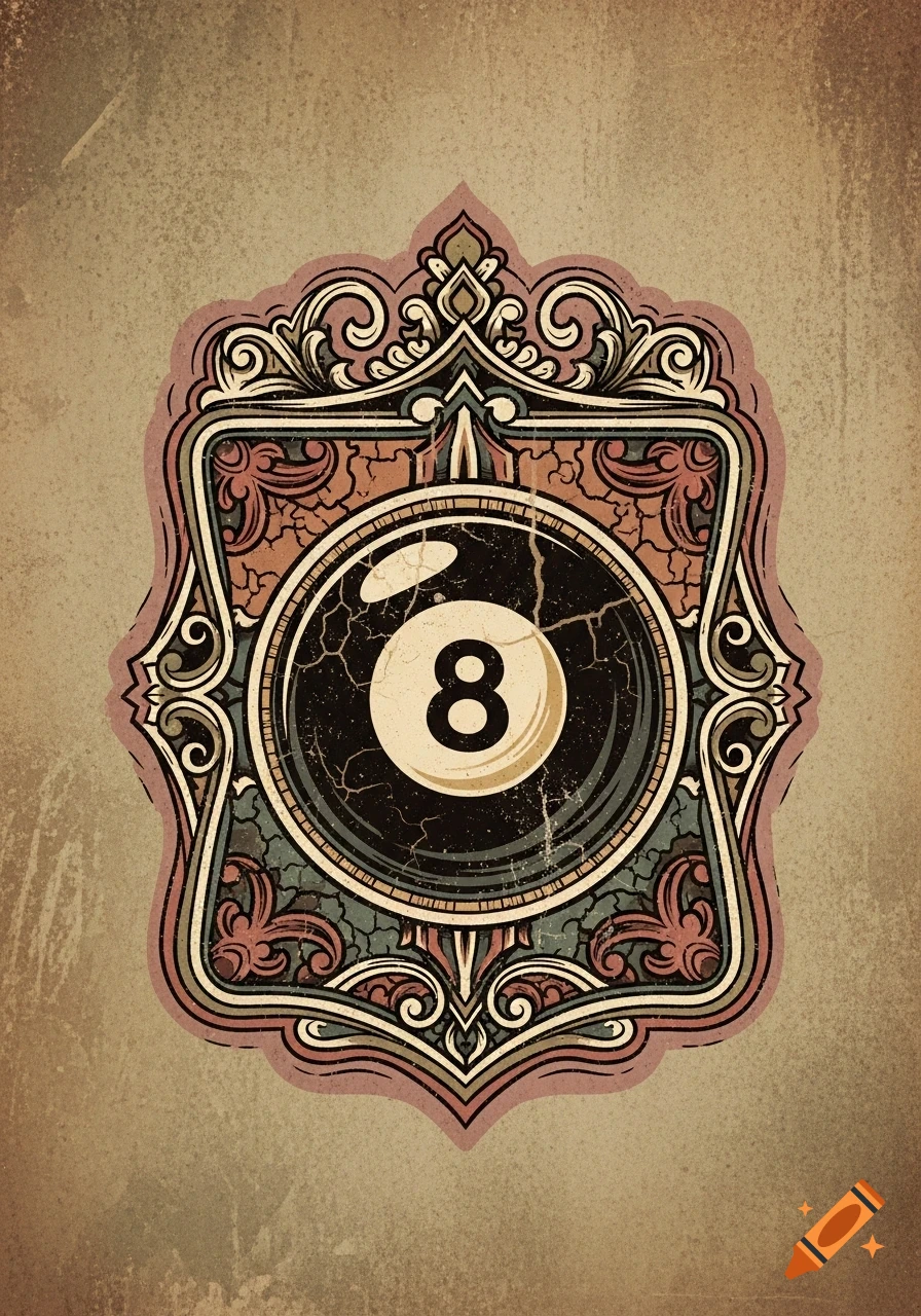 A vintage-style illustration of a black 8-ball with the number 8, centered in an ornate, distressed frame on a textured brown background.