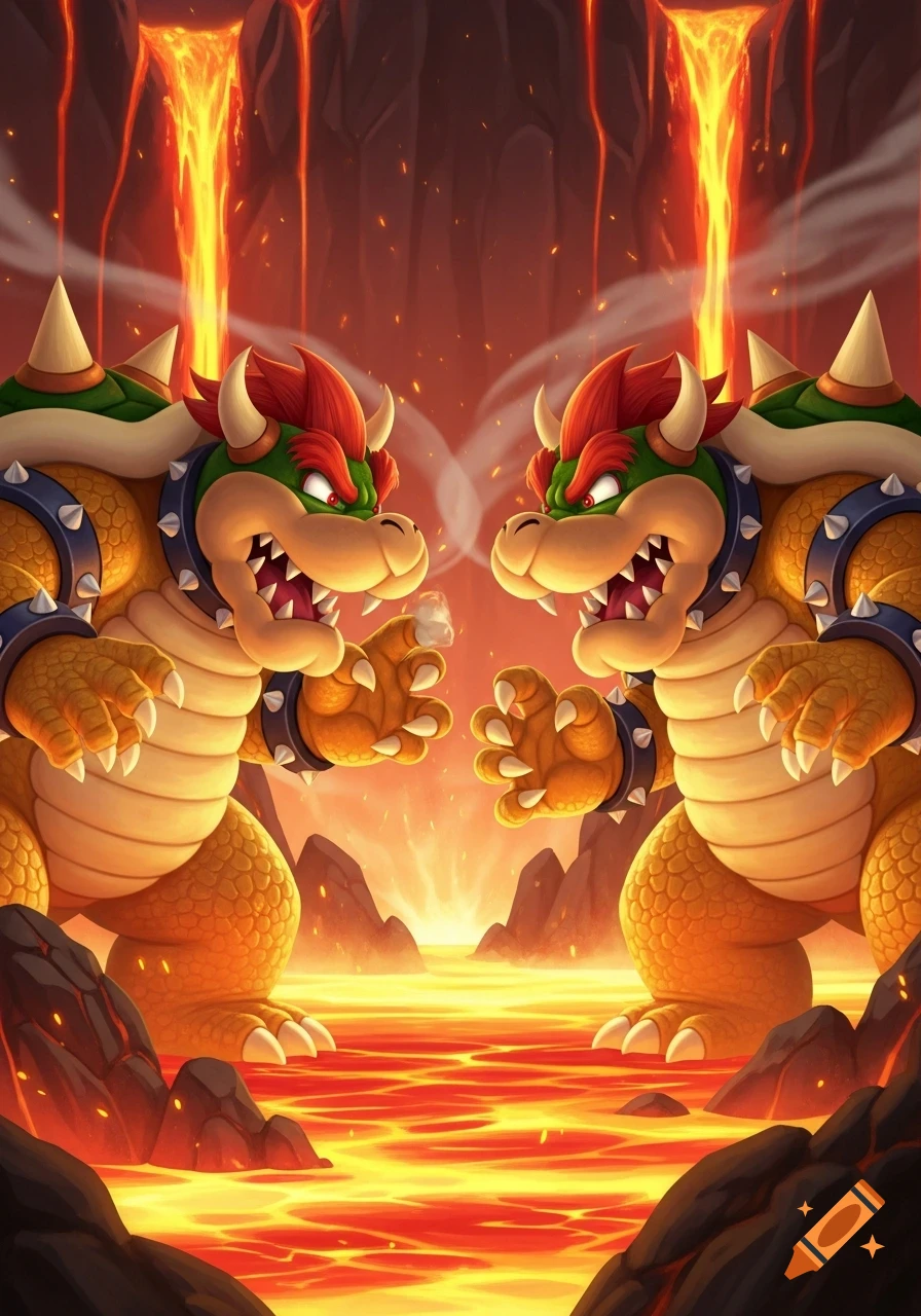 Two identical Bowser characters with angry expressions face each other in a fiery volcanic landscape with flowing lava.